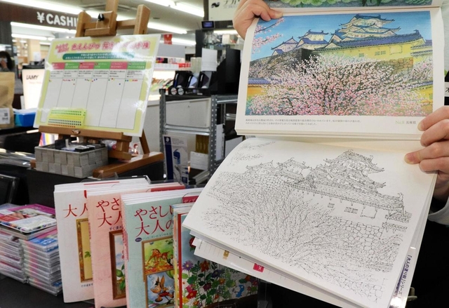 ナガサワ文具センター本店が設けた塗り絵関連のコーナー。さまざまな種類の色鉛筆などが並ぶ＝神戸市中央区三宮町１