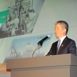 「グループビジョン２０３０進捗報告会」で会見する川崎重工業の橋本康彦社長＝東京都港区、東京ポートシティ竹芝