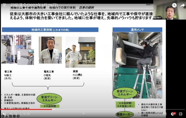 オンラインで、紫波町での取り組みを紹介する山口勝洋さん