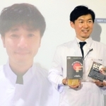 ケンミン食品の高村祐輝社長（右）とボストンからオンラインで質問に応じる大西益央さん＝神戸市中央区海岸通５、同社