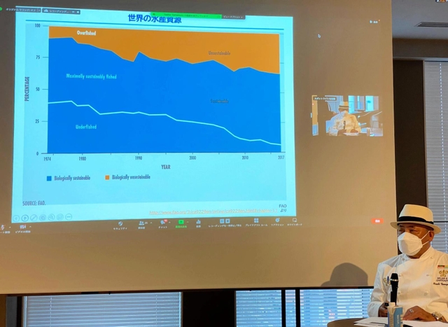 ＥＳＧの取り組みについて説明する神戸北野ホテルの山口浩総料理長＝アンカー神戸
