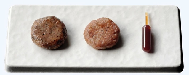こおろぎミート（左）と大豆ミートの食べ比べができるセット。コオロギデミグラスソース付き（ＢｕｇＭｏ提供）
