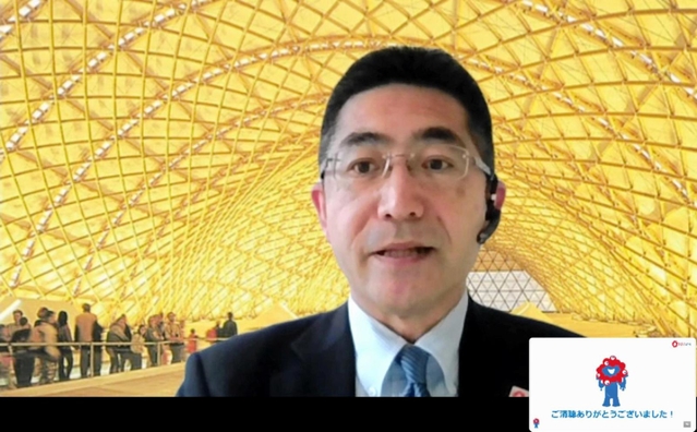 オンラインセミナーで、ドバイ万博でのビジネス交流の状況を紹介する日本国際博覧会協会の西本敬一・経営企画室上席審議役