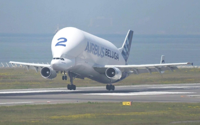 神戸空港に降り立った特別大型貨物機「ベルーガＳＴ」＝１０日午前、神戸市中央区（撮影・風斗雅博）
