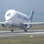 神戸空港に降り立った特別大型貨物機「ベルーガＳＴ」＝１０日午前、神戸市中央区（撮影・風斗雅博）