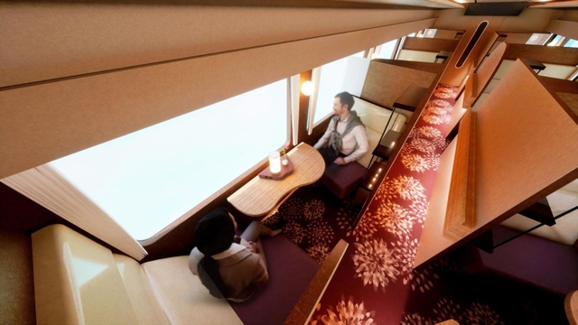 ＪＲ西日本の新観光列車「はなあかり」のスーペリアグリーン車座席のイメージ（ｄｅｓｉｇｎｅｄ　ｂｙ　Ｙａｓｕｙｕｋｉ　ＫＡＷＡＮＩＳＨＩ　＋　ＩＣＨＩＢＡＮＳＥＮ／ｎｅｘｔｓｔａｔｉｏｎｓ）