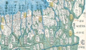 「国郡全図」（１８２８年）より摂津国（上が南）。生田川の東に生田村、西に生田神社が描かれている（国立国会図書館デジタルコレクションより）