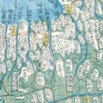 「国郡全図」（１８２８年）より摂津国（上が南）。生田川の東に生田村、西に生田神社が描かれている（国立国会図書館デジタルコレクションより）