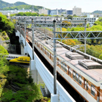 ドクターイエローと新幹線Ｎ７００系、神戸市営地下鉄の車両が交差した瞬間＝神戸市須磨区（正木真一郎さん提供）