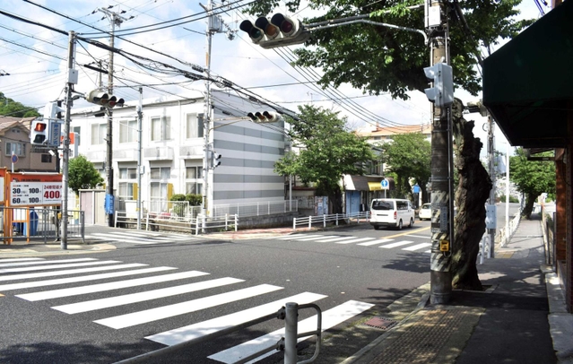 道路のない南向きに設置された信号機がある三差路＝神戸市長田区宮丘町１付近　