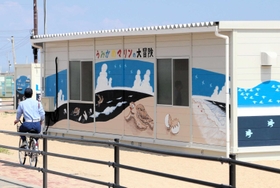 「うみがめマリンの大冒険」のイラストが描かれたプレハブ施設＝神戸市須磨区須磨浦通４