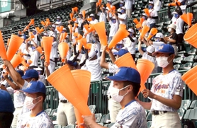 逆転劇に喜びを爆発させる応援団＝甲子園球場