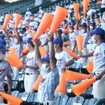 逆転サヨナラ勝ちの瞬間、メガホンを突き上げて喜ぶ応援団＝甲子園球場