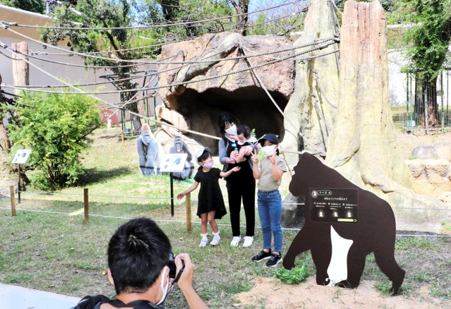 かつてゴリラが飼育されていた屋外の獣舎に入り、記念撮影する来園者＝神戸市灘区王子町３、王子動物園