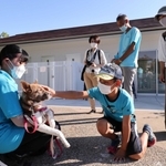 犬舎の前で、譲渡候補の犬と触れ合う＝こうべ動物共生センター