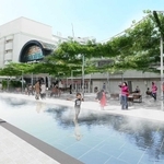 西神中央駅東側のプレンティ広場には水場やグリーンルーフを整備し、市民が滞留する憩いの場とする（神戸市提供）