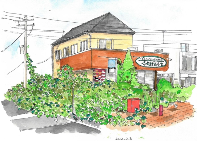 周囲に雑草が生い茂っている双葉町内の店（スケッチ集から。曺弘利さん提供）