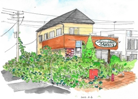 周囲に雑草が生い茂っている双葉町内の店（スケッチ集から。曺弘利さん提供）