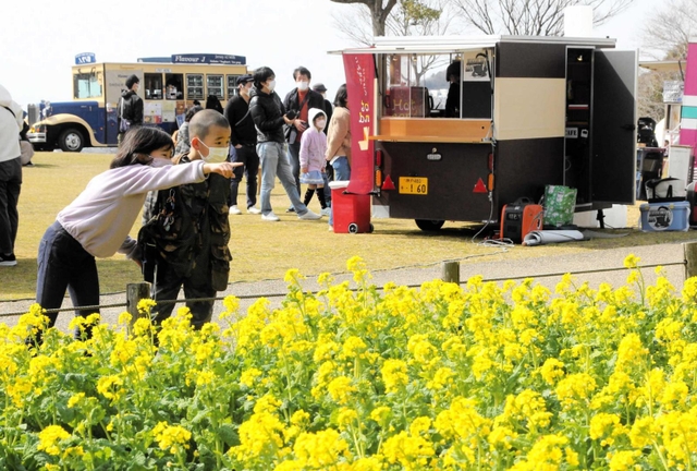 菜の花が見頃を迎える中で開かれた「菜の花マルシェ」＝神戸市須磨区緑台
