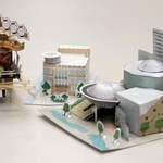 神戸市東灘区が制作、配布している「神戸ファッションプラザ」のペーパークラフト（右端）。左はだんじり、中央は御影公会堂で昨年３月に作った＝同区役所