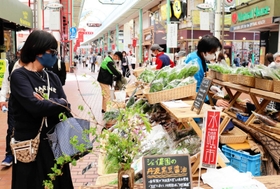 兵庫県産の野菜や茶葉が並ぶ水曜市＝元町１番街商店街