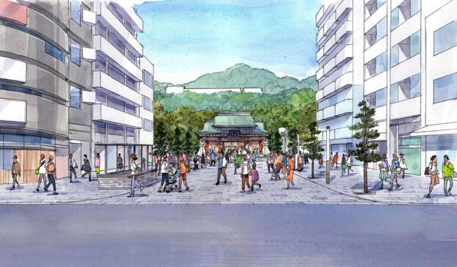 リニューアルされる広場から湊川神社を見たイメージ（神戸市提供）
