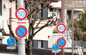 約８メートルの距離に並ぶ、異なる制限速度を表示する標識＝神戸市東灘区森北町１