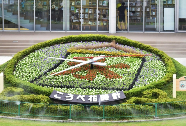 氷旗のデザインで彩られたこうべ花時計＝神戸市中央区加納町６