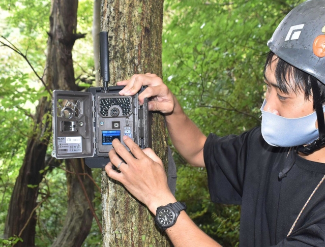 シカの監視体制強化のため設置されたセンサーカメラ＝神戸市東灘区、六甲山中