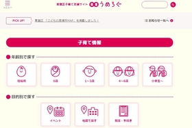 子どもの年齢別に、利用できる子育て支援サービスや手続き情報をまとめたサイト「東灘うめろぐ」の画面