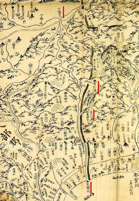 江戸後期の絵図。生田川沿いに布引周辺を通る山越えの道があったと分かる（西宮市所蔵「新改正摂津国名所旧跡細見大絵図」より。赤線は筆者が加筆）