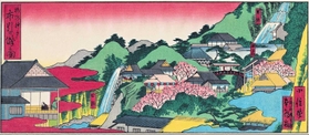 明治初期の布引周辺を描いた「神戸古版画集」。多くの店が並び、にぎわっているのが分かる（神戸市立中央図書館蔵）