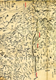 江戸後期の絵図。生田川沿いに布引周辺を通る山越えの道があったと分かる（西宮市所蔵「新改正摂津国名所旧跡細見大絵図」より。赤線は筆者が加筆）