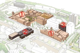 赤丸中数字①は「須磨パティオ」、②は「駅ビル」、③は「北須磨支所」
