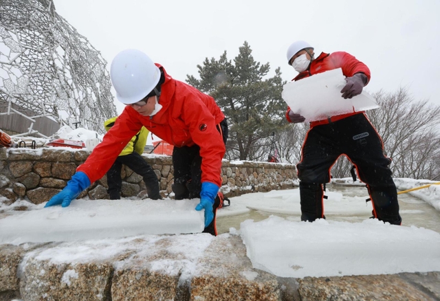 雪が降りしきる中、氷棚でできた天然の氷を切り出す職員ら＝２７日午前、神戸市灘区六甲山町、自然体感展望台「六甲枝垂れ」
