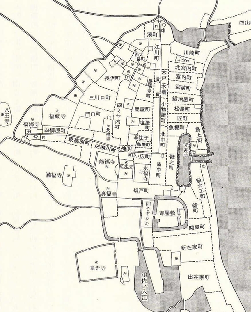 江戸時代の町並みを再現した「兵庫津略図」。北側には多くの寺院が並ぶ（「新修神戸市史」歴史編３より）