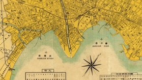 明治時代の地図。兵庫港と神戸港があり、両地域の間には湊川が流れる（高梨彌三郎「神戸市新圖」より。国際日本文化研究センター所蔵）