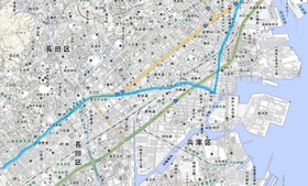 兵庫付近で回り道していることが分かる西国街道の地図（国土地理院ウェブサイトより。青線は筆者が加筆）