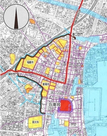 兵庫の城下町の地図。西国街道（赤線）などかつての町並みがよく分かる（神戸市文化財課が現在の地図と合成、提供）
