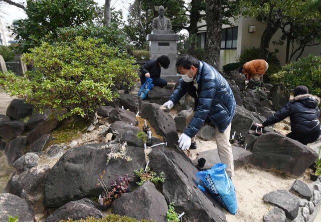 約９０年前に造成されたロックガーデン跡を再生させようと花の苗を植える久山敦さん（手前）ら＝神戸市東灘区魚崎北町８