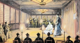 神戸事件の責任をとって永福寺で切腹する瀧を描いた絵図（カネテツデリカフーズ所蔵）