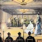 神戸事件の責任をとって永福寺で切腹する瀧を描いた絵図（カネテツデリカフーズ所蔵）