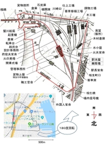 多くの施設があった初代神戸駅の図面（高橋健司さん作成・提供。「Ｇｏｏｇｌｅマップ」および「兵庫神戸実測図」に加筆）