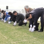 芝生を植え込む関係者ら＝舞子公園