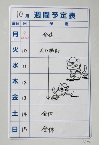 垂水小学校の発掘調査事業の週間予定表に描かれた「イセキにゃん」と「レキシにゃん」の絵