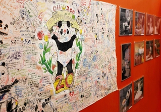 誕生日の寄せ書きなどタンタンの貴重な思い出が並ぶ展示会場＝王子動物園動物科学資料館