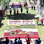 スポーツをテーマに色鮮やかな花びらが彩る「インフィオラータこうべ２０２４」＝中央区中山手通１