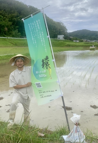 盛典向けの山田錦を、消化液を生かして無農薬無化学肥料で栽培する名古屋敦さん＝加西市内