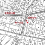 １９２４（大正１３）年の三宮周辺の地図。現在のフラワーロードを２本の鉄道が走っていた（兵庫県都市研究会「神戸都市計画区域図」を引用。赤字は加筆、矢印は撮影推定方向）
