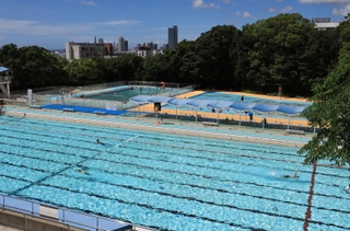 緑に囲まれた都心のオアシス。最後の夏を惜しむように、市民らがゆったりと泳いでいた＝神戸市灘区王子町、王子スポーツセンター（撮影・長嶺麻子）